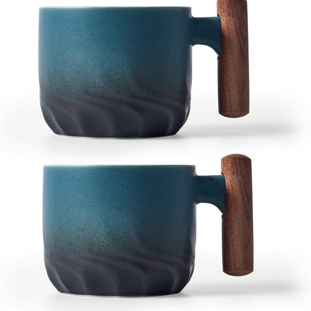 Blue Ceramic Espresso Mug Set with Wooden Handle 2oz